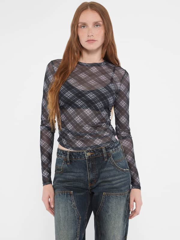 Tričko GUESS Sheer Plaid Long Sleeve Top Čierna | W4BP12KBBF2, 0