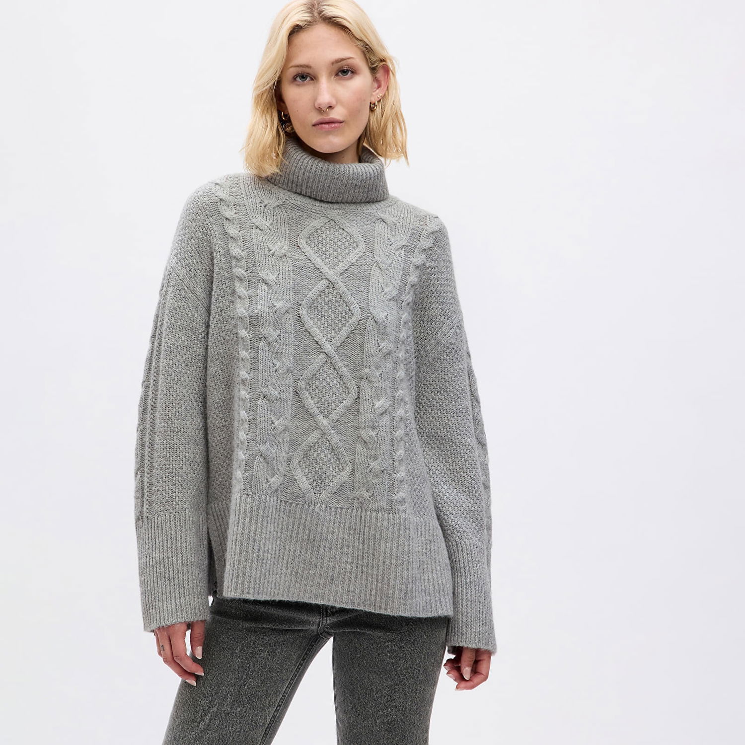 Sveter GAP Sweater Tneck Cable Light Grey Heather XXS Šedá | 815134-00, 0