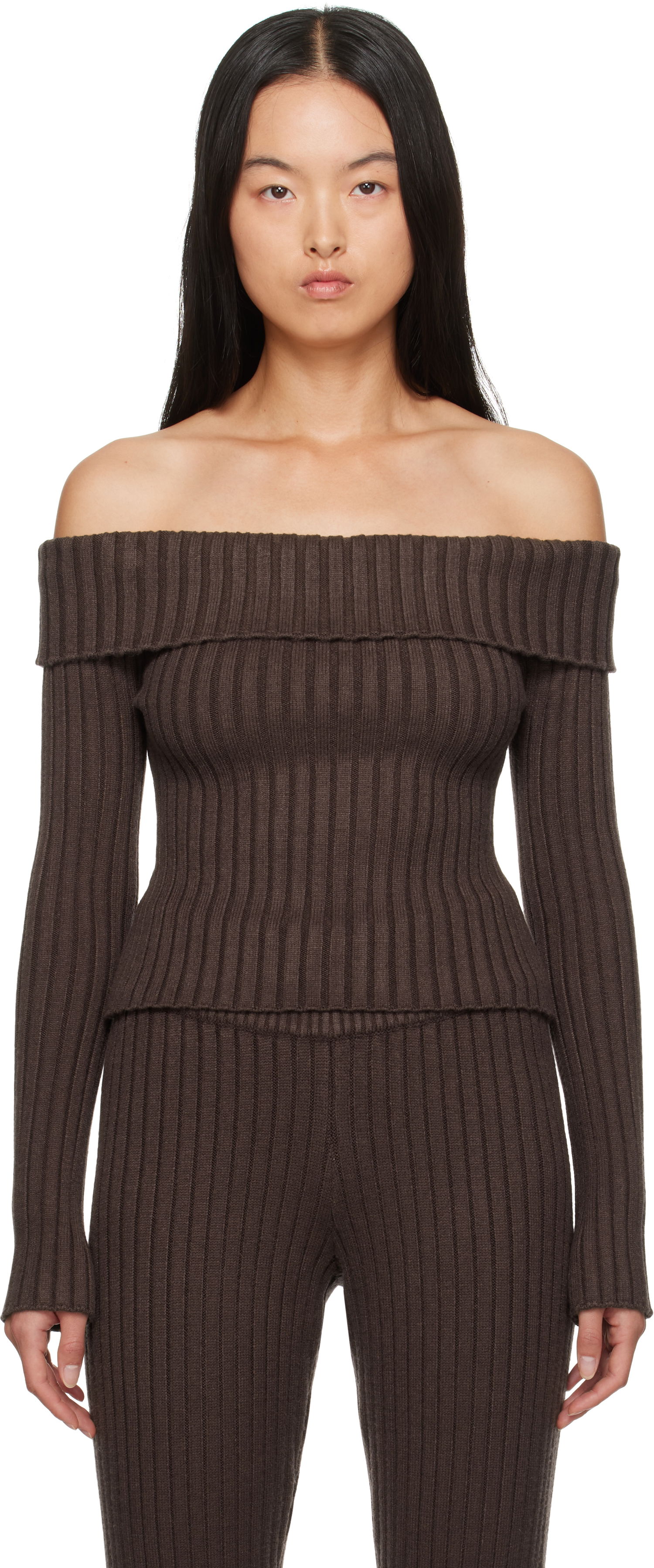 Sveter GUIZIO Guizio Thalia Off Shoulder Ribbed Knit Sweater Hnedá | F24108S045, 0