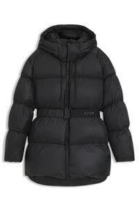 Water-repellent padded jacket with detachable belt and hood