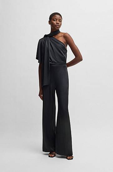 Overal BOSS One-Shoulder Tie-Neck Jumpsuit Čierna | 50537965, 1