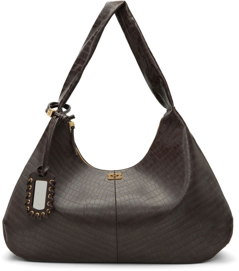 Taška cez rameno GANNI XXL Croc-Effect Hobo Shoulder Bag with Mirror Tag Hnedá | A6801