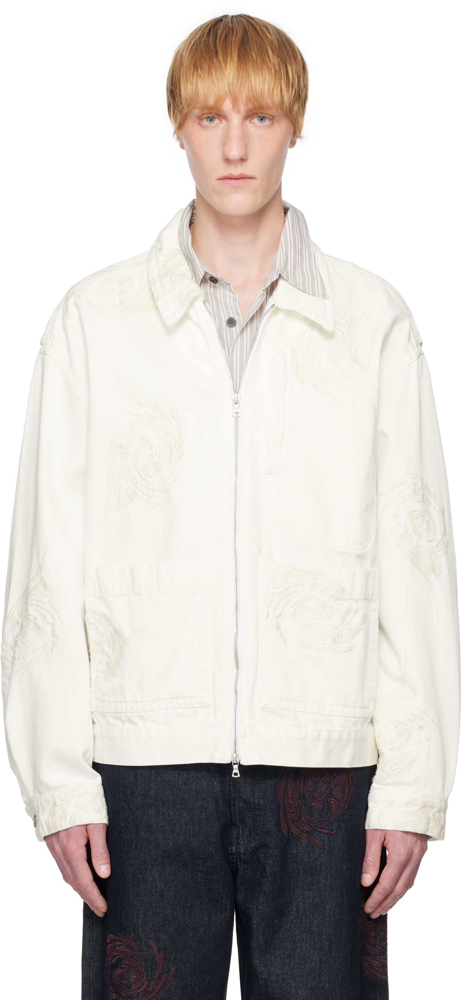 Bunda Dries Van Noten Dries Van Noten Embroidered Pattern Denim Jacket Biela | 251-080505-1555, 0