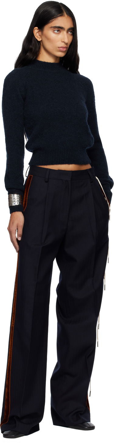 Nohavice Dries Van Noten Dries Van Noten Embellished Tuxedo Trousers with Velvet Side Stripe and Lace-Up Detail Navy | 252-010960-2193, 4