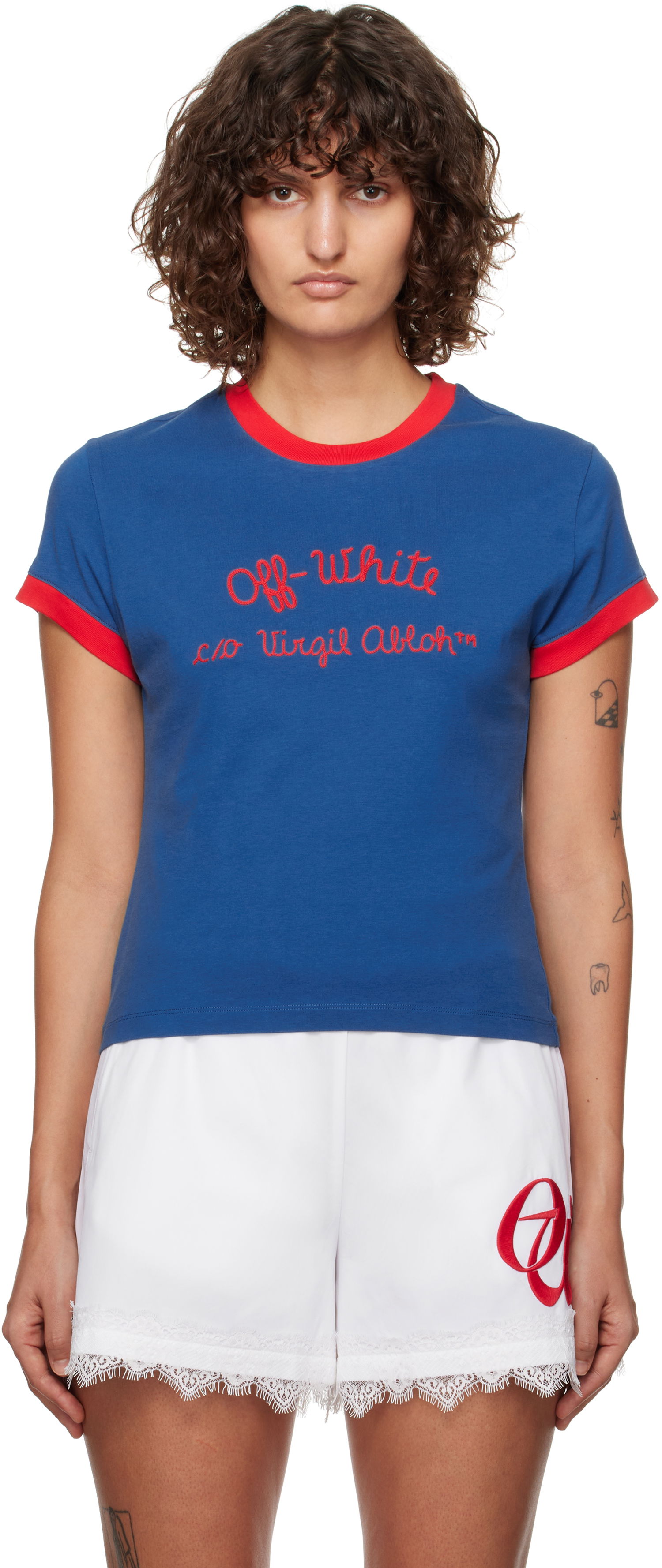 Tričko Off-White Embroidered Script Logo Fitted T-Shirt Modrá | OWAA112F24JER0014525, 0