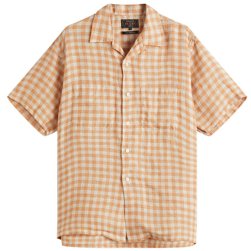 Košeľa BEAMS Beams Plus Open Collar Panama Plaid Linen Shirt, Size Large Oranžová | 3801-0179-139-45