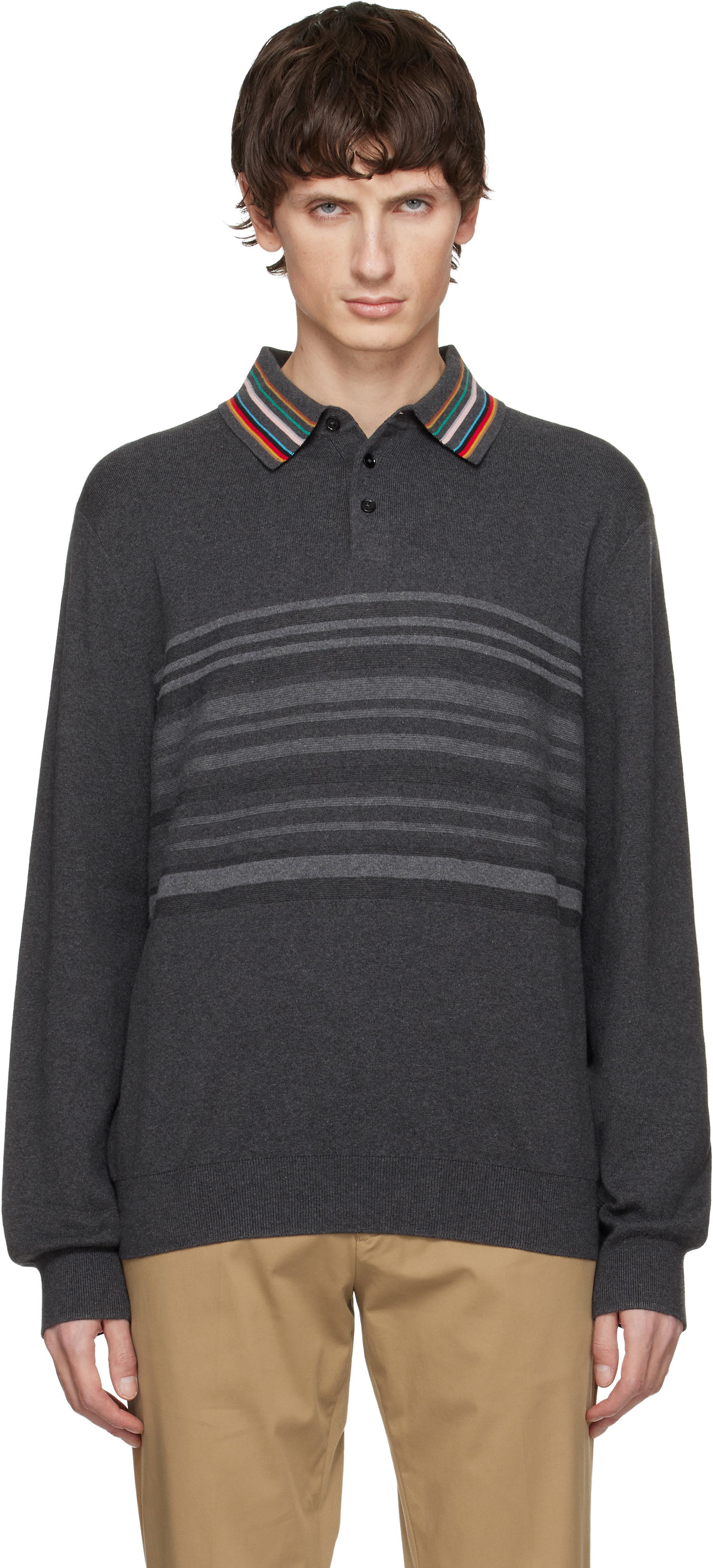 Polo tričko Paul Smith Paul Smith Organic Cotton Long-Sleeve Striped Collar Polo Shirt Šedá | M1R-533Z-T02764-78, 0