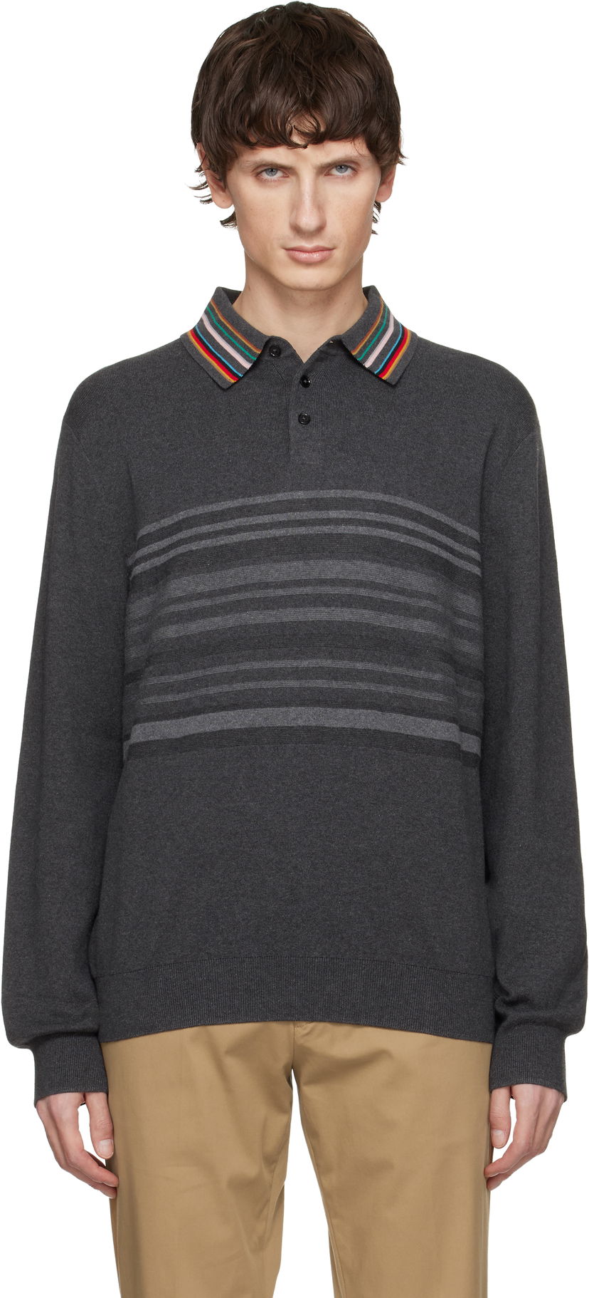 Polo tričko Paul Smith Paul Smith Organic Cotton Long-Sleeve Striped Collar Polo Shirt Šedá | M1R-533Z-T02764-78