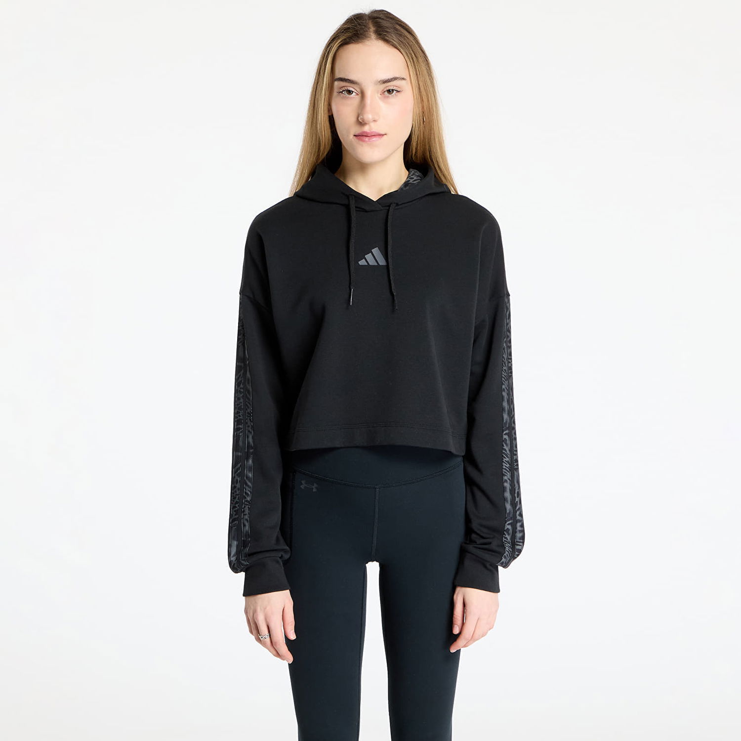 Mikina adidas Originals Essentials 3 Stripes Print French Terry Cropped Hoodie Čierna | JC6244, 0