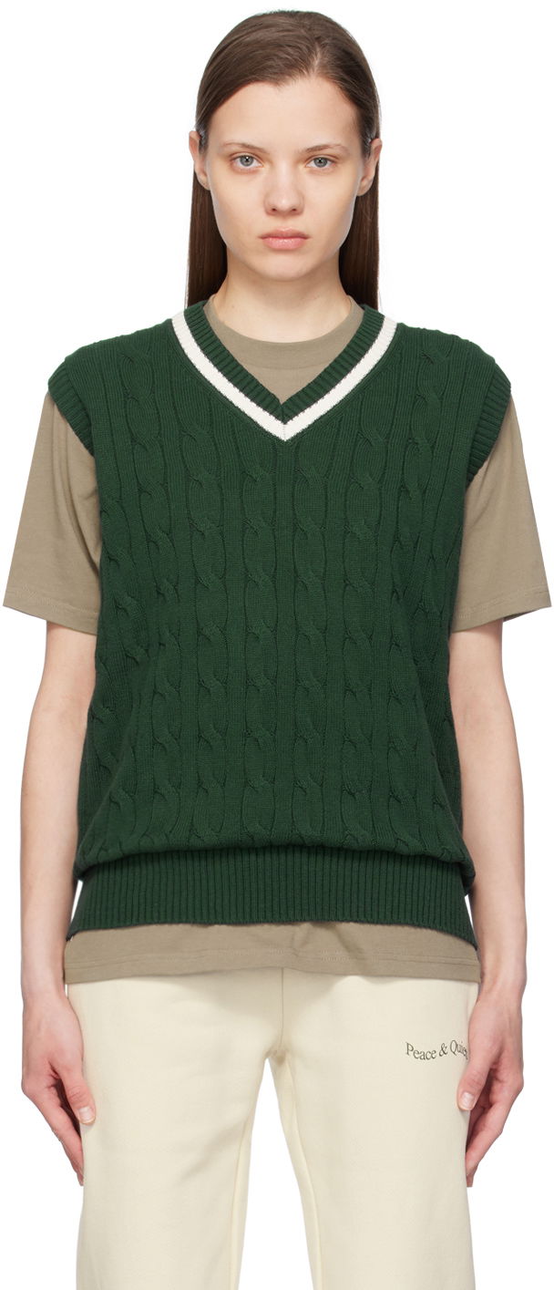 Sveter Museum of Peace & Quiet Cable Knit V-Neck Vest Zelené | MOPQ-SS24-19, 0