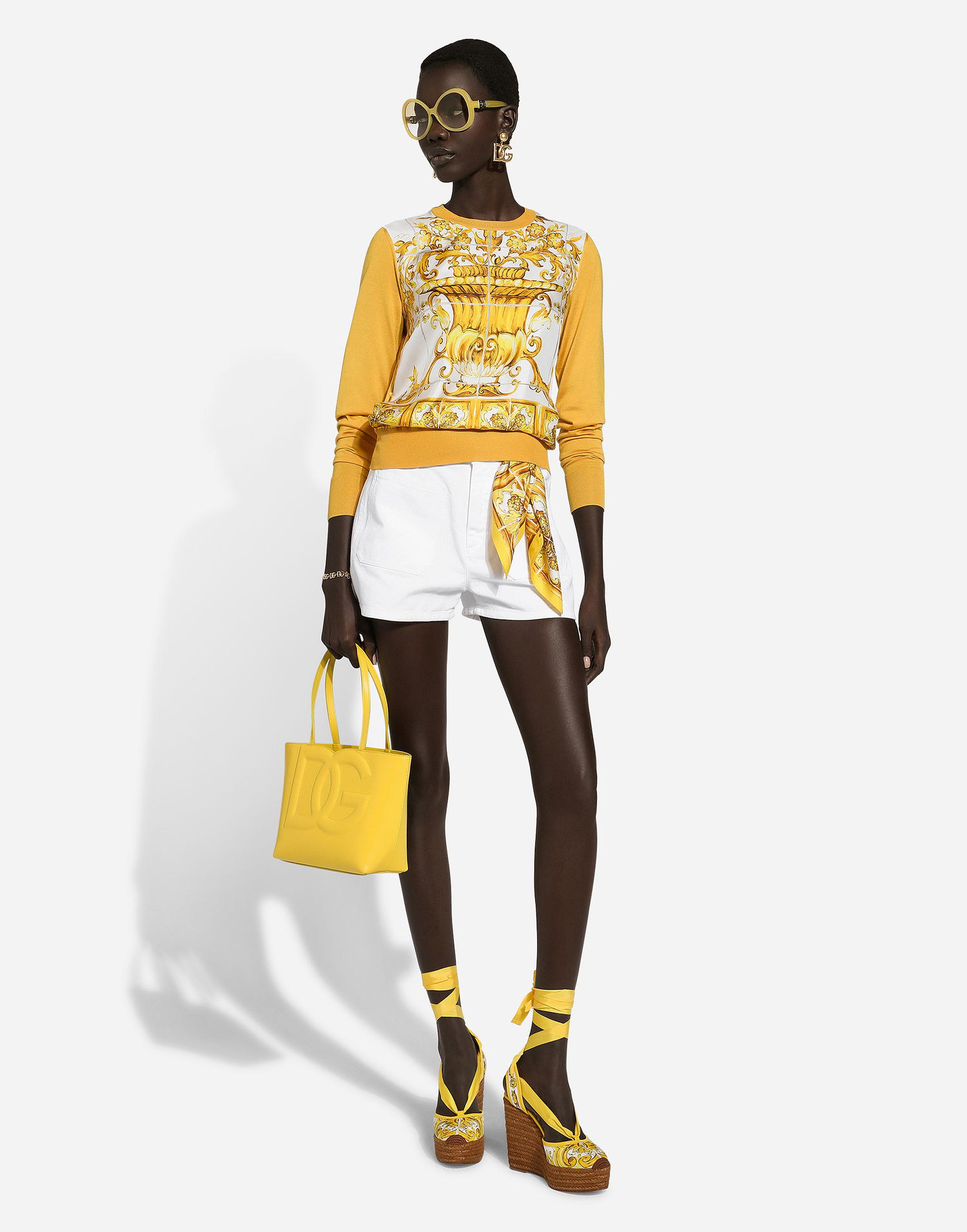 Sveter Dolce & Gabbana Silk Sweater With Majolica-print Silk Twill Panel Žltá | FXX31TJBSJFHG3TN, 1