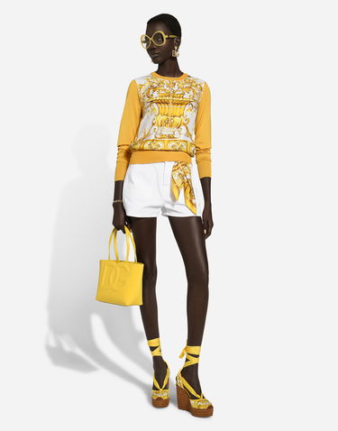 Sveter Dolce & Gabbana Silk Sweater With Majolica-print Silk Twill Panel Žltá | FXX31TJBSJFHG3TN, 1
