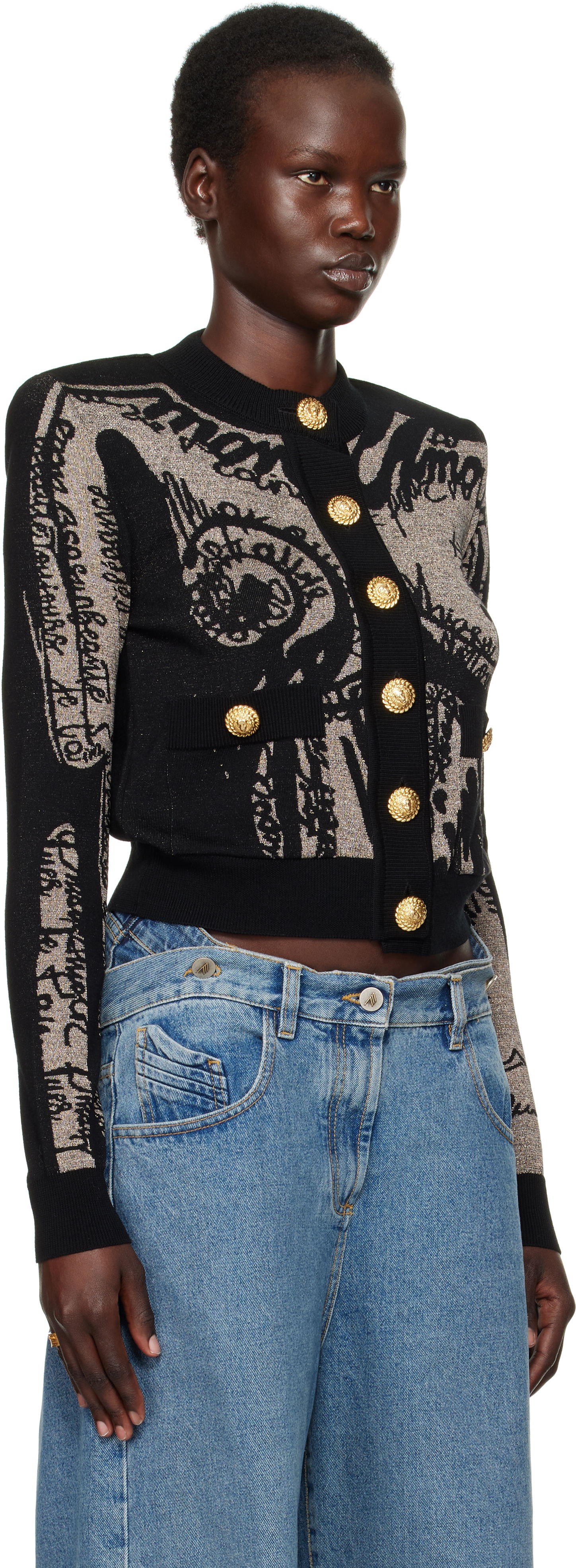 Sveter Balmain Balmain Jacquard Knit Cardigan with Body Motif Čierna | EF1KL133KH93, 1