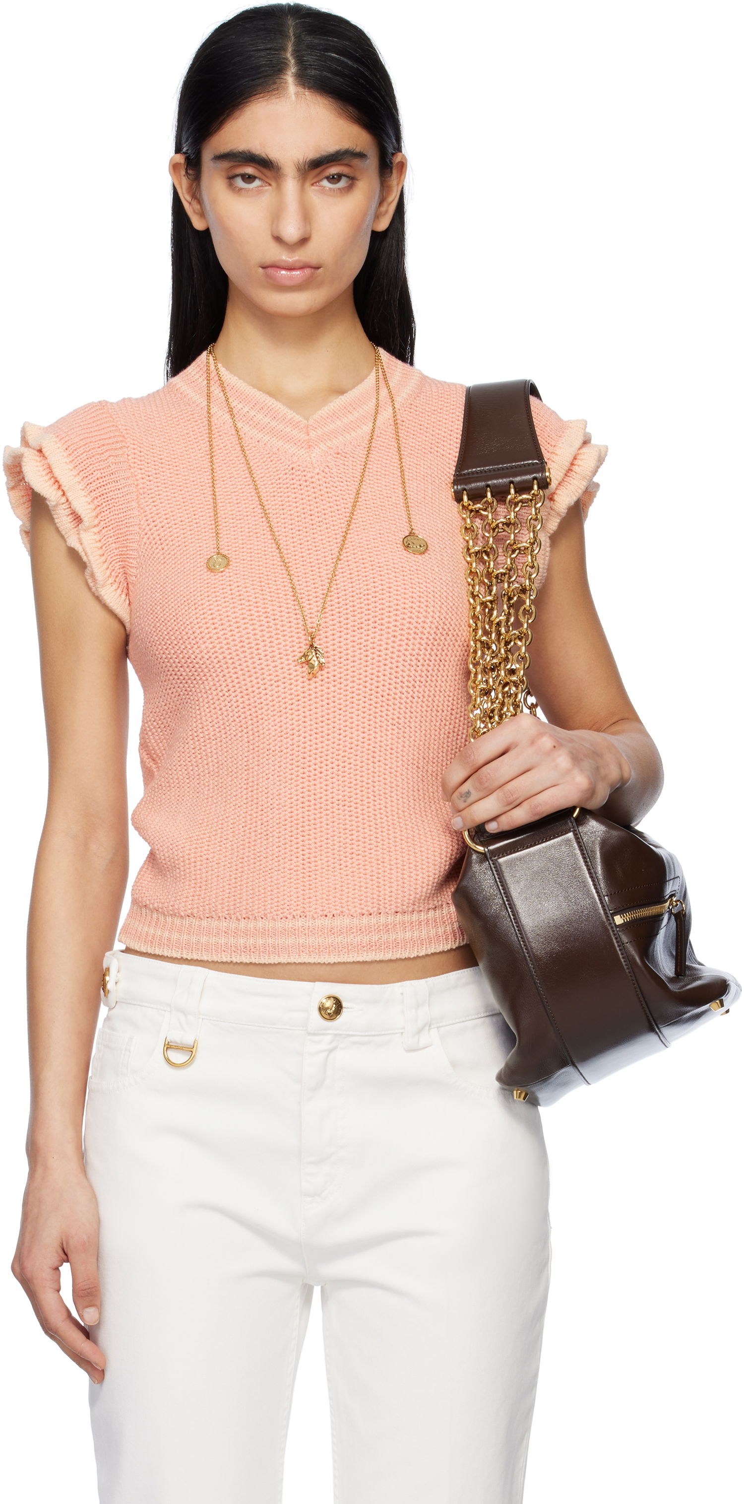 Sveter CHLOÉ Chloé Knit Ruffle-Sleeve Sweater Ružová | CH25SMP03630, 0