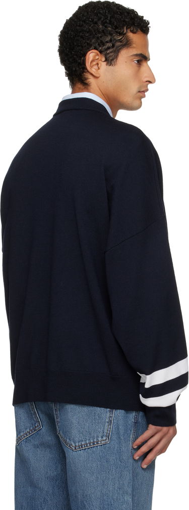 Sveter Balmain Crewneck Knit Sweater with College Emblem and Striped Cuffs Navy | FH0KE050KJ21, 2