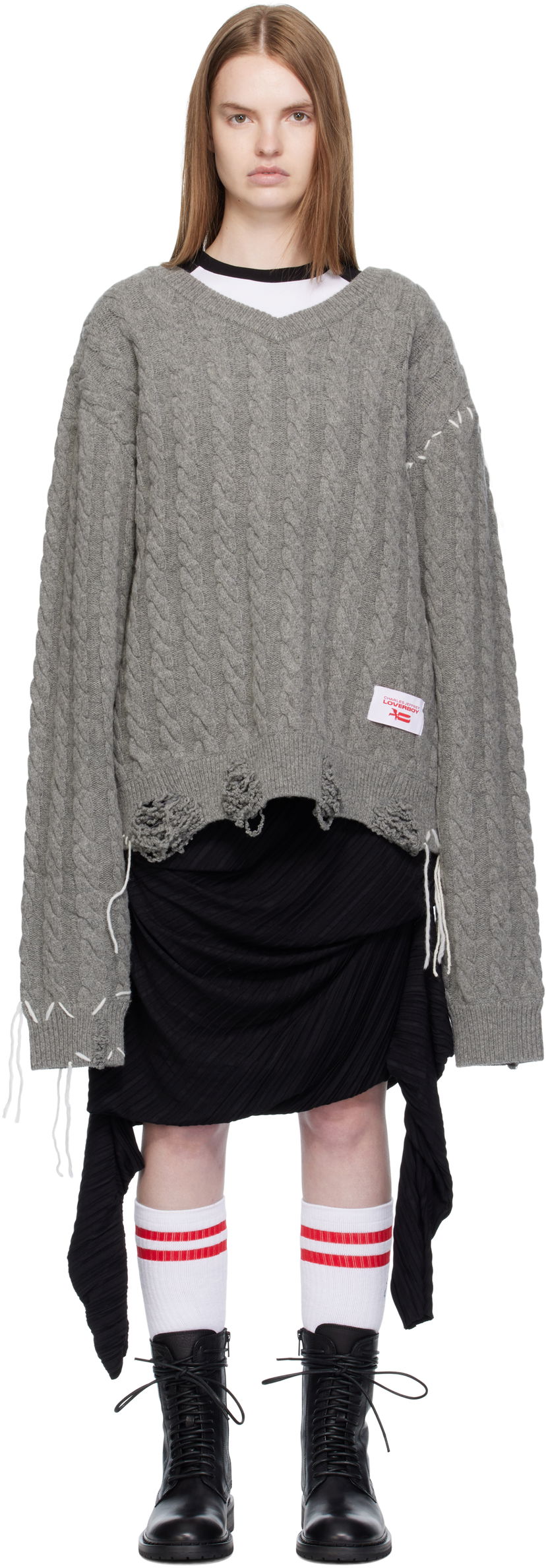 Sveter Charles Jeffrey Loverboy Charles Jeffrey LOVERBOY Label Cable Knit Sweater Šedá | 52090301