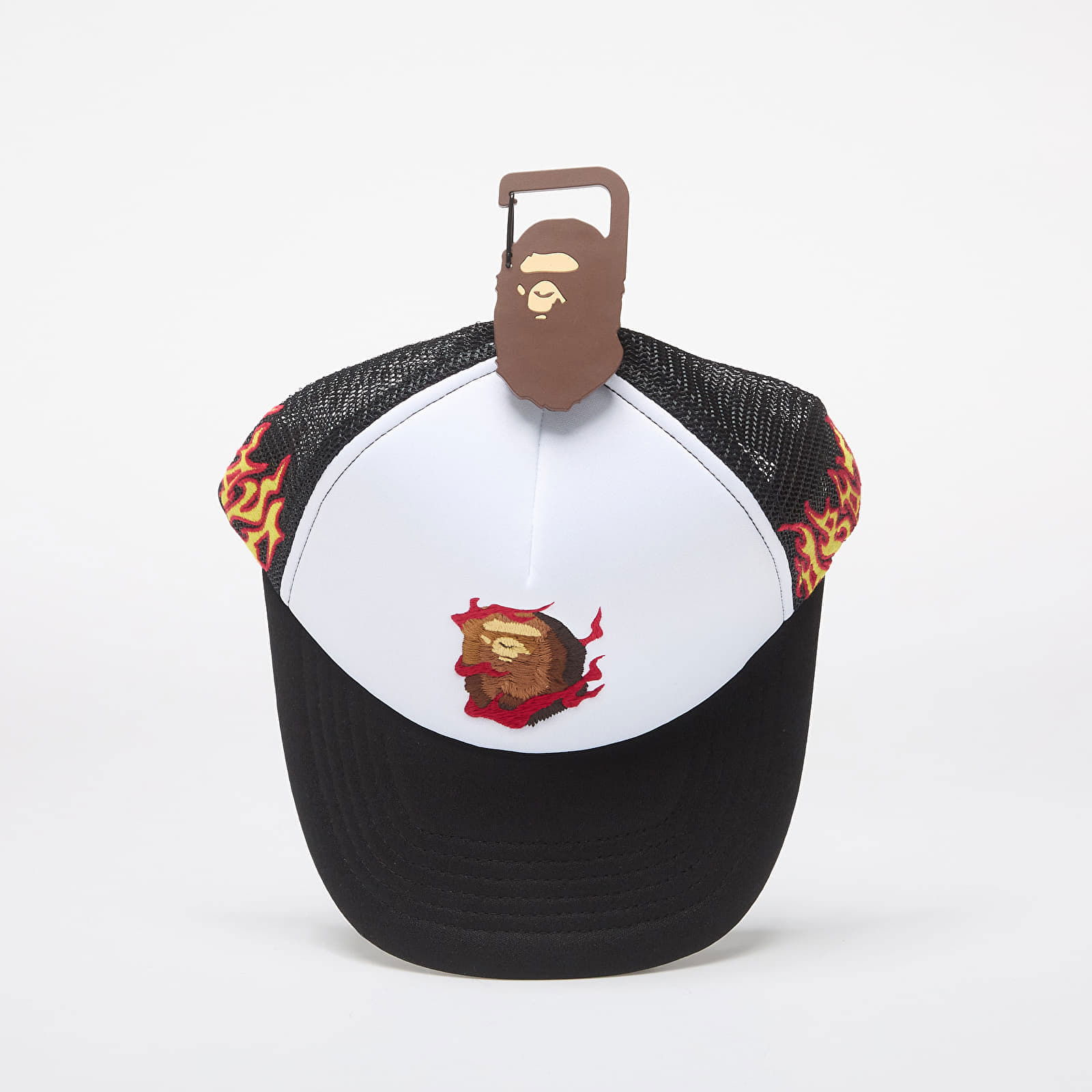 A BATHING APE Embroidery Fire Logo Trucker Cap Black