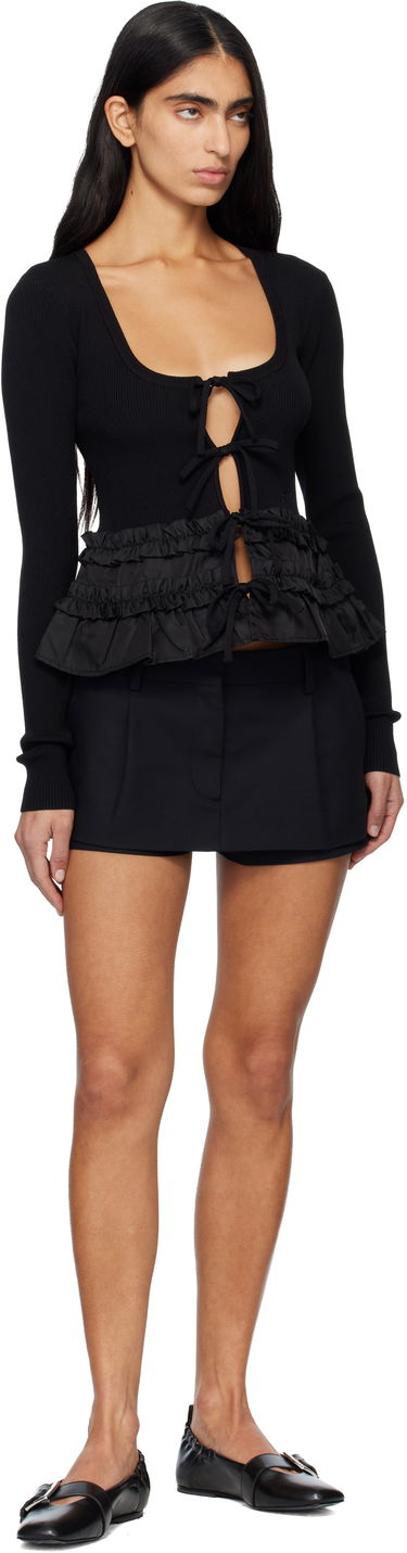 Sveter GANNI Ribbed Tie-Front Ruffled Knit Cardigan Čierna | K2510, 3