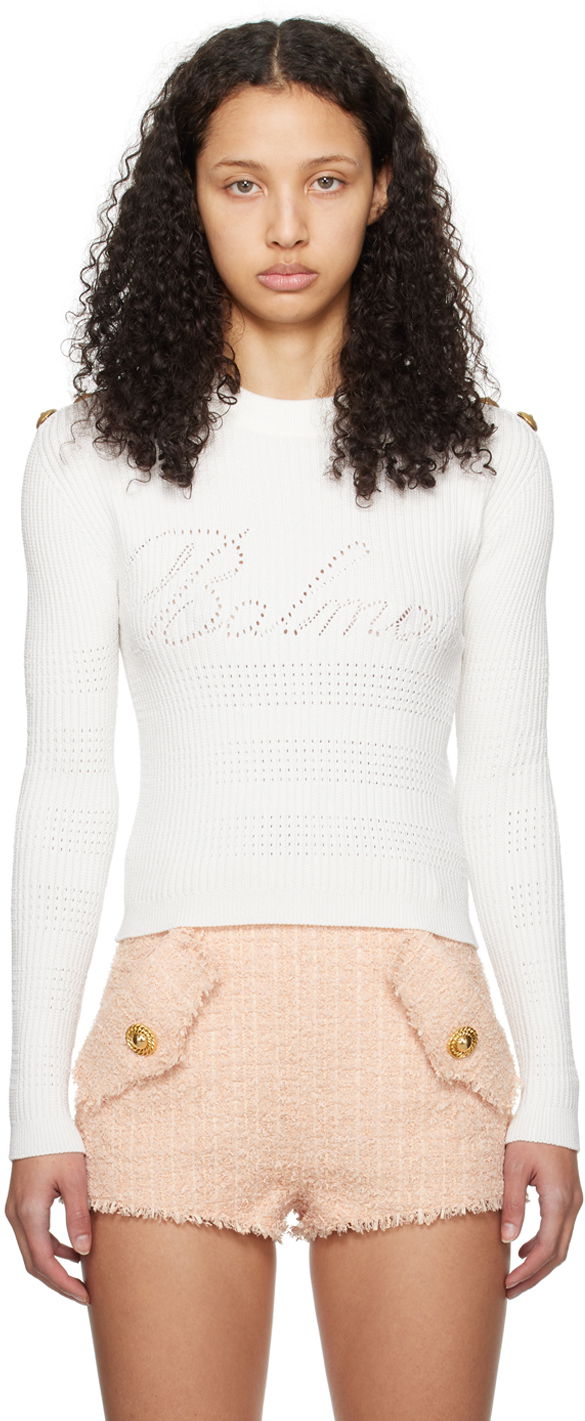 Sveter Balmain Signature Sweater Biela | CF1KA003KF24