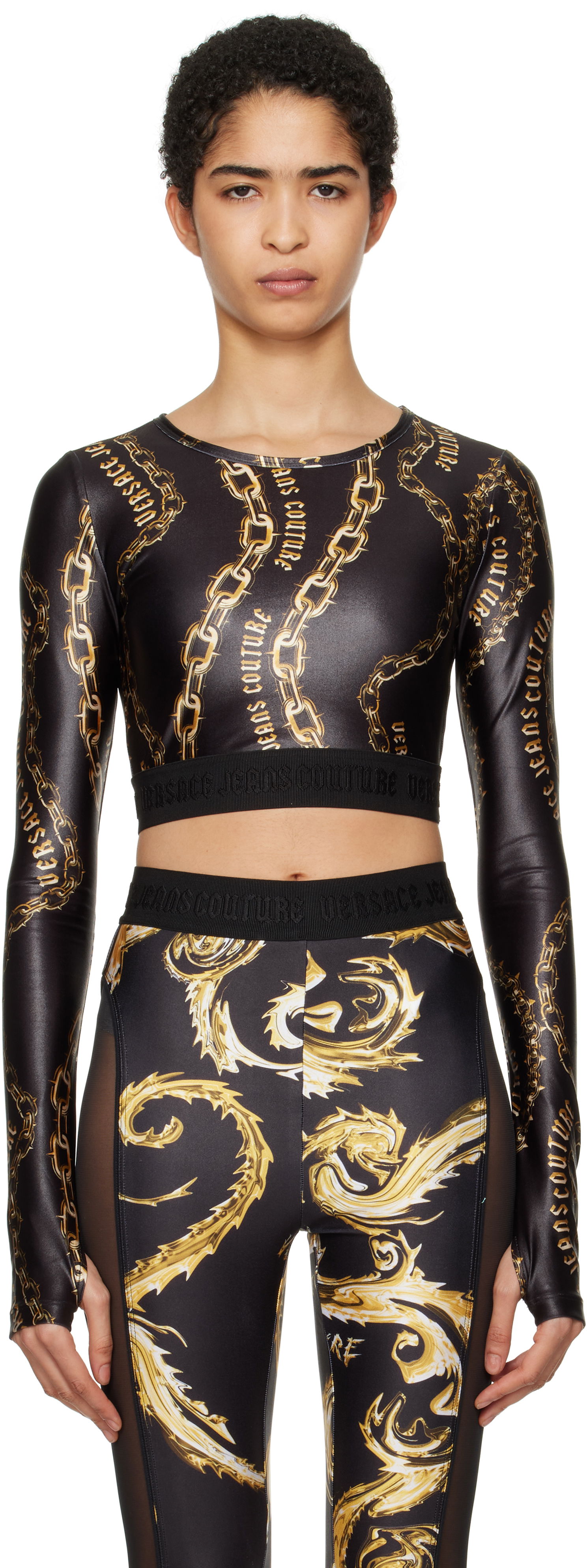Crop Top Versace Black Chain Couture Crop T-Shirt Čierna | E77HAH218_EJS417, 0