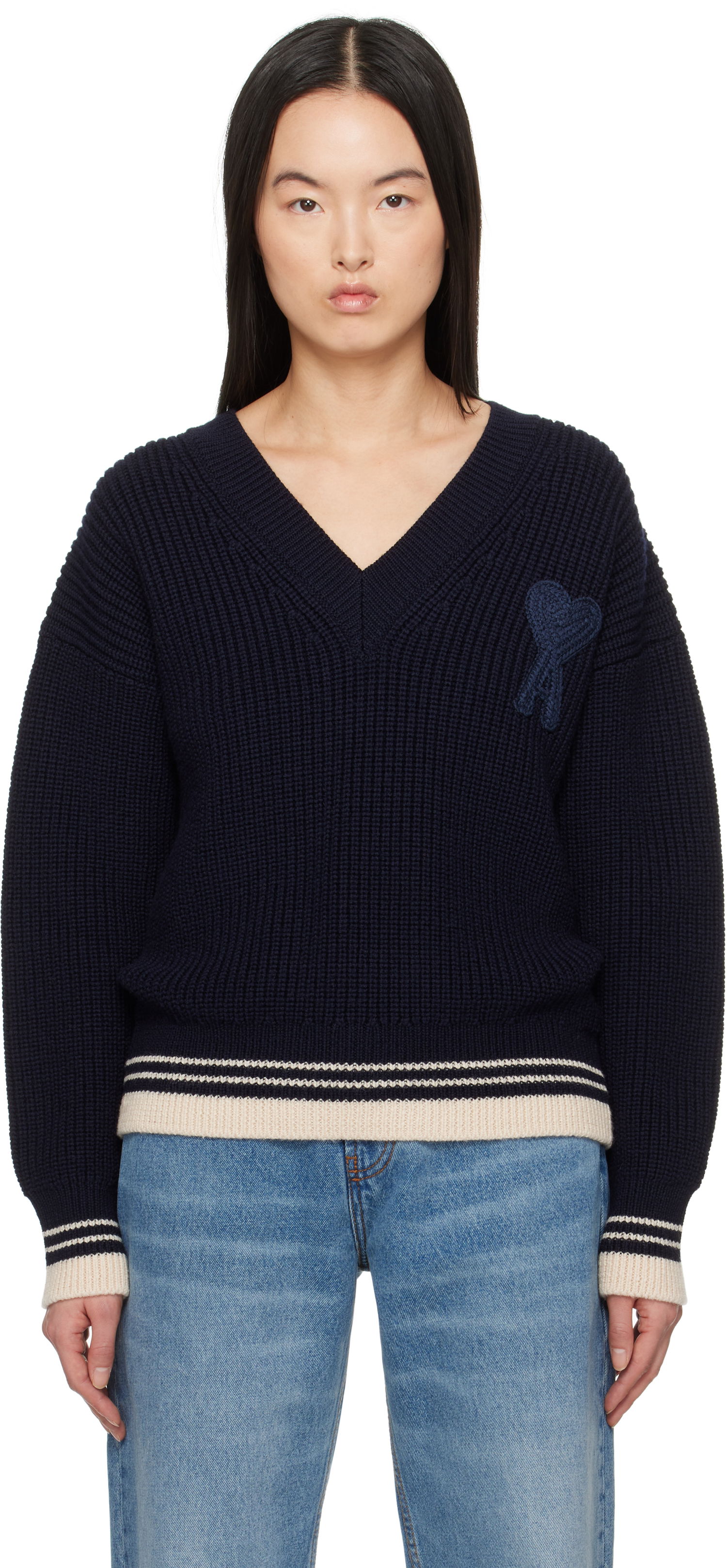 Sveter AMI AMI Paris Wool Ribbed V-Neck Sweater Navy | UKS268.KN0068, 0