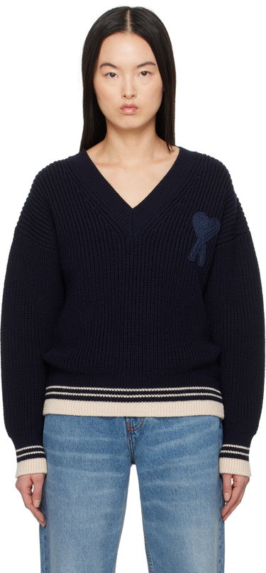Sveter AMI AMI Paris Wool Ribbed V-Neck Sweater Navy | UKS268.KN0068, 0