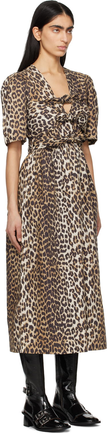 Šaty GANNI GANNI Leopard Print Cotton Tie Strap Midi Dress Hnedá | W0373, 1
