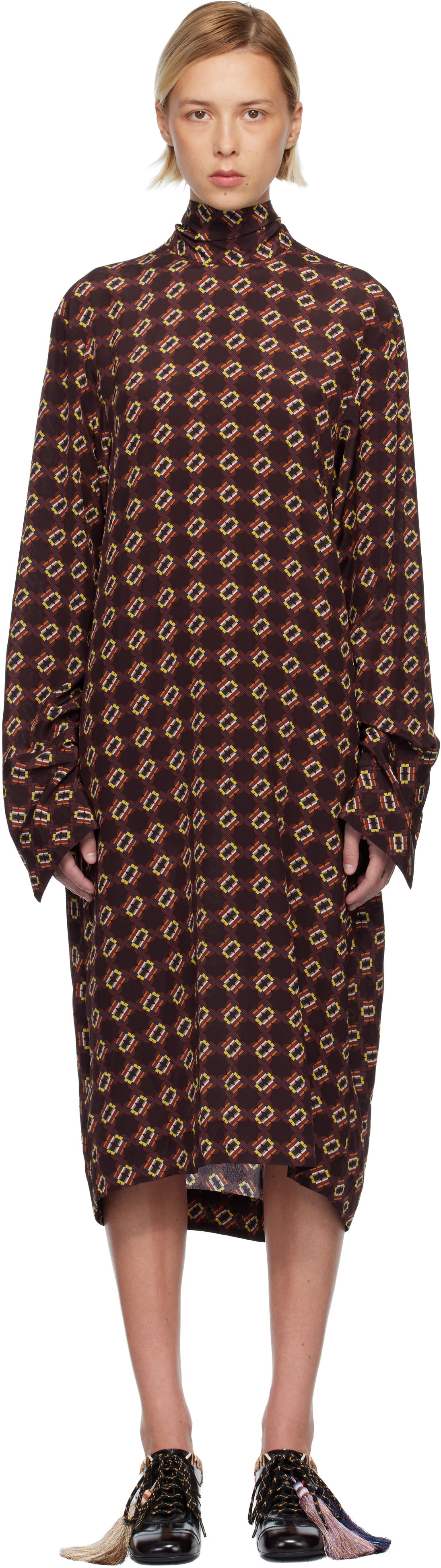 Šaty Dries Van Noten Dries Van Noten Silk Printed Long Sleeve Turtleneck Midi Dress Rôznofarebný | 252-011074-2072, 0