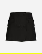 Wool Twill Double-Breasted Mini Wrap Skirt with Flap Pockets