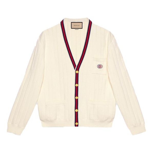 Sveter Gucci Knit V-Neck Cardigan With Web Biela | 654984-XKBUR-9182