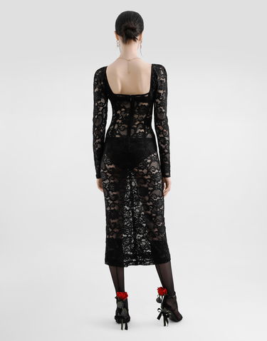 Šaty Dolce & Gabbana Dolce & Gabbana Floral Lace Calf-Length Dress with Bra Cups Čierna | F6JMRTFLUBVN0000, 2