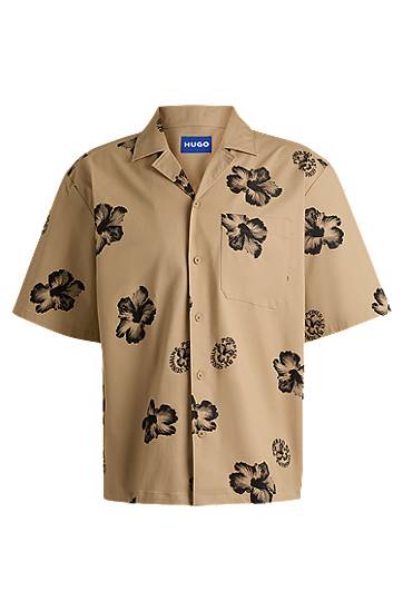 Košeľa BOSS HUGO Relaxed-Fit Hibiscus-Print Stretch Cotton Shirt Béžová | 50539135, 0