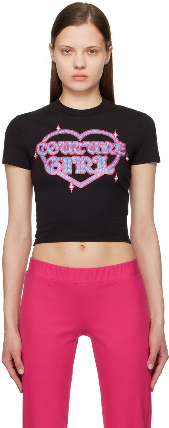 Tričko Versace Jeans Couture Black Crystal-Cut T-Shirt Čierna | E76HAHG07_ECJ02G, 0
