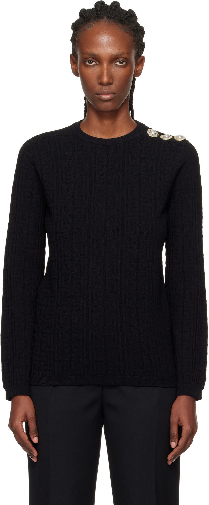 Sveter Balmain Monogram Crewneck Long-Sleeve Sweater with Decorative Shoulder Buttons Čierna | FF1KD090KI63