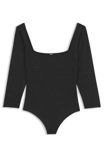 Body BOSS Sparkly-jersey Long Sleeve Square Neck Bodysuit with Picot Trim Čierna | 50550349