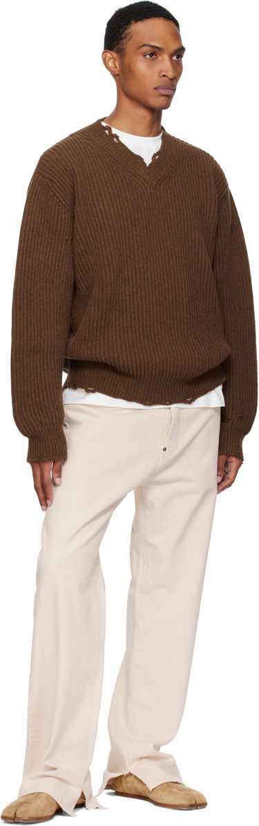 Sveter Maison Margiela MM6 Maison Margiela Ribbed Wool Knit V-Neck Sweater Hnedá | SH0HN0003 M13138, 3