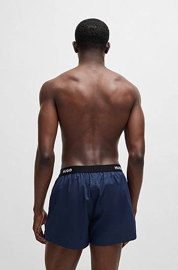 Boxerky BOSS HUGO Three-Pack of Cotton Boxer Shorts with Logo Waistbands Navy | 50532565, 1