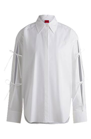 Košeľa BOSS Oversized Cotton Blouse with Sleeve Bows Biela | 50538440