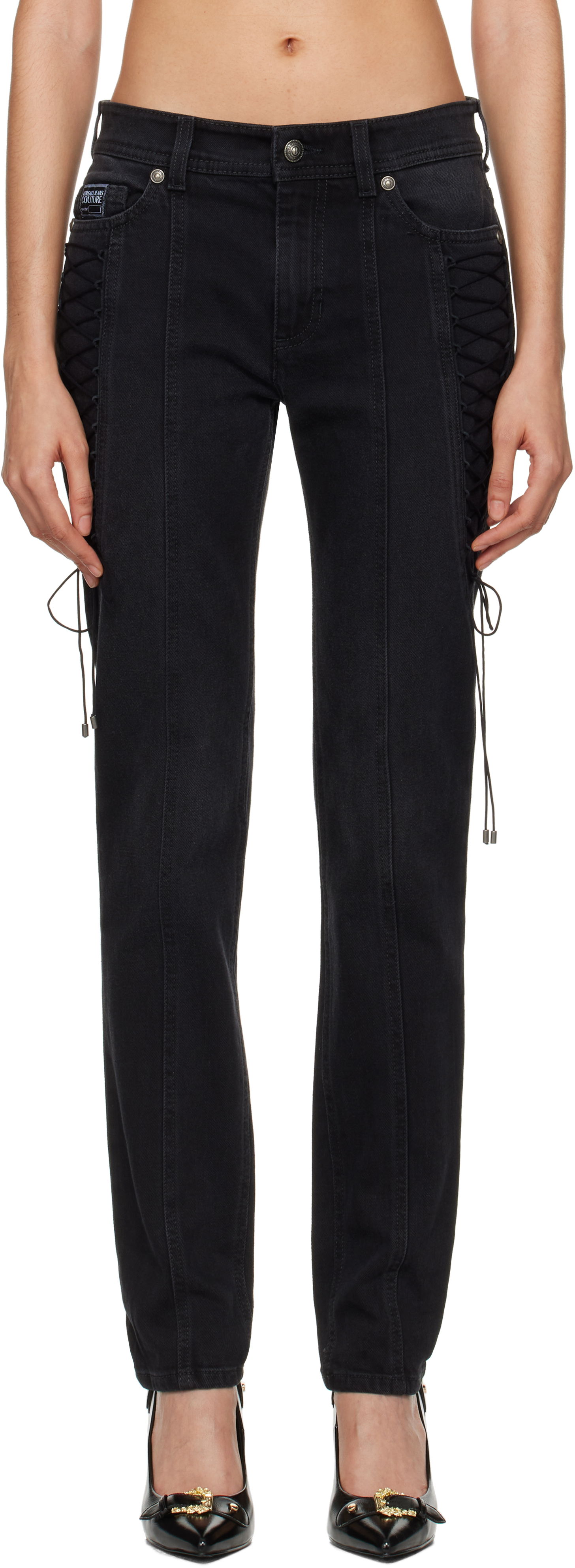 Džínsy Versace Lace-Up Slim-Fit Jeans Čierna | E77HAB501_EDW060F19, 0