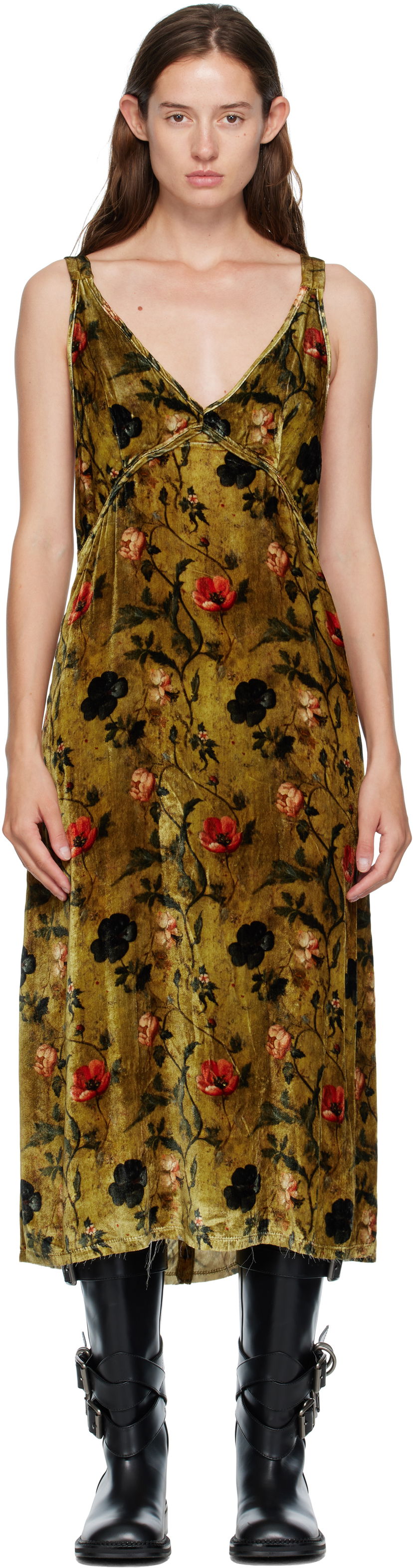 Šaty R13 R13 Grunge Floral-Print Velvet Slip Midi Dress Zelené | R13WR477-R595A
