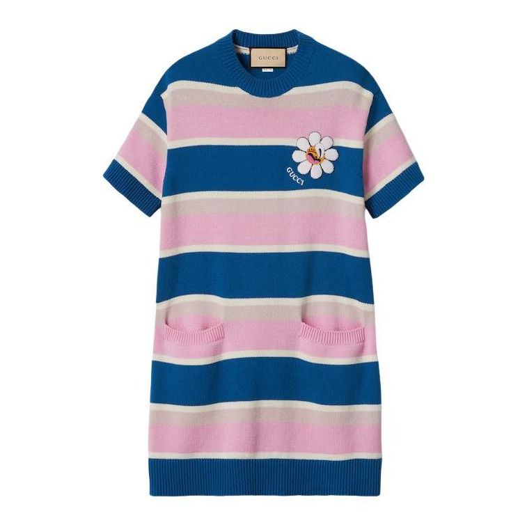 Šaty Gucci Striped Cotton Wool Dress with Floral Applique Modrá | 782228-XKDZ1-4915