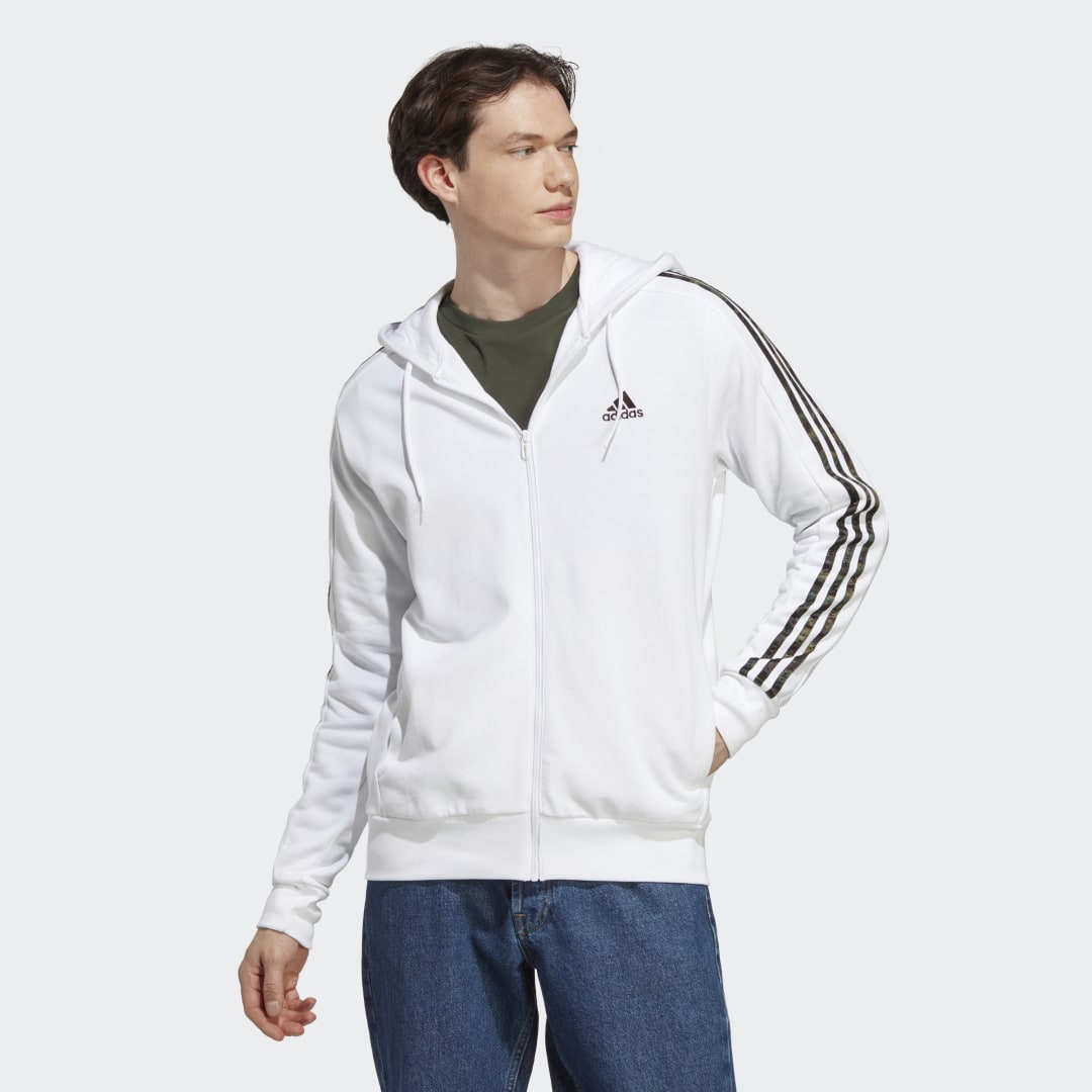 Mikina adidas Performance Essentials French Terry 3-Stripes Full-Zip Hoodie Biela | IC9836, 0