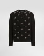 Embroidered Wool Round Neck Sweater With Jeweled Buttons