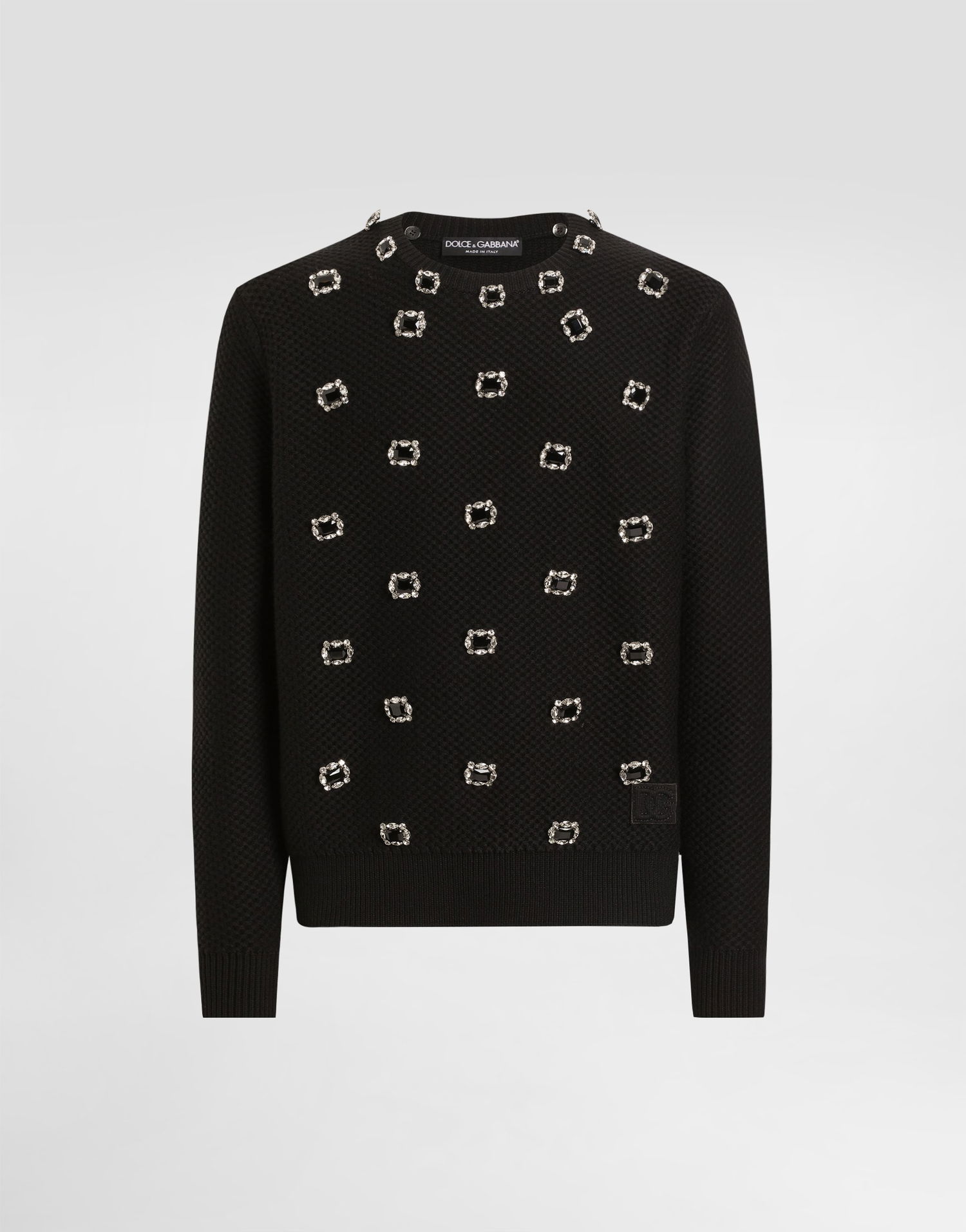 Sveter Dolce & Gabbana Embroidered Wool Round Neck Sweater With Jeweled Buttons Čierna | GXX01ZJCVWSN0000, 0