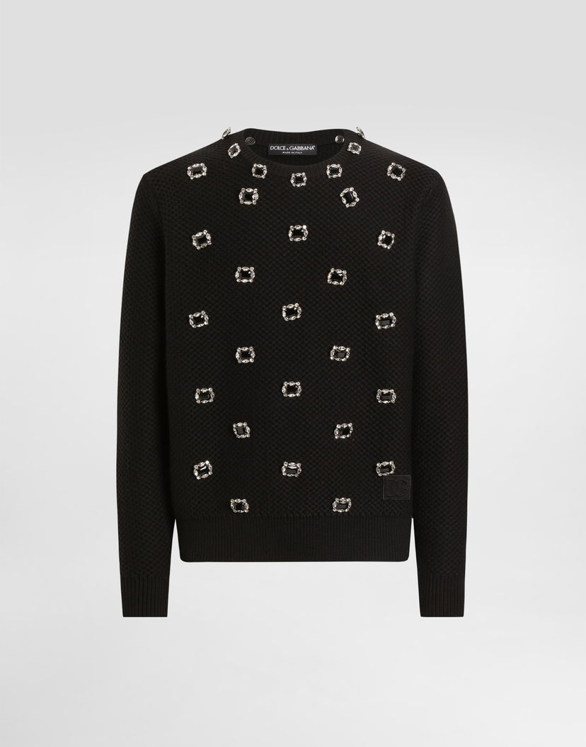 Sveter Dolce & Gabbana Embroidered Wool Round Neck Sweater With Jeweled Buttons Čierna | GXX01ZJCVWSN0000