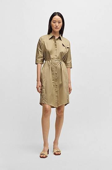 Šaty BOSS Relaxed-Fit Stretch Cotton Shirt Dress Béžová | 50537980, 1