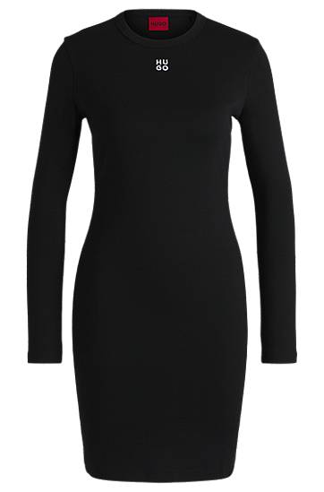 Šaty BOSS HUGO Ribbed Stretch Dress with Stacked Logo Čierna | 50518385, 0