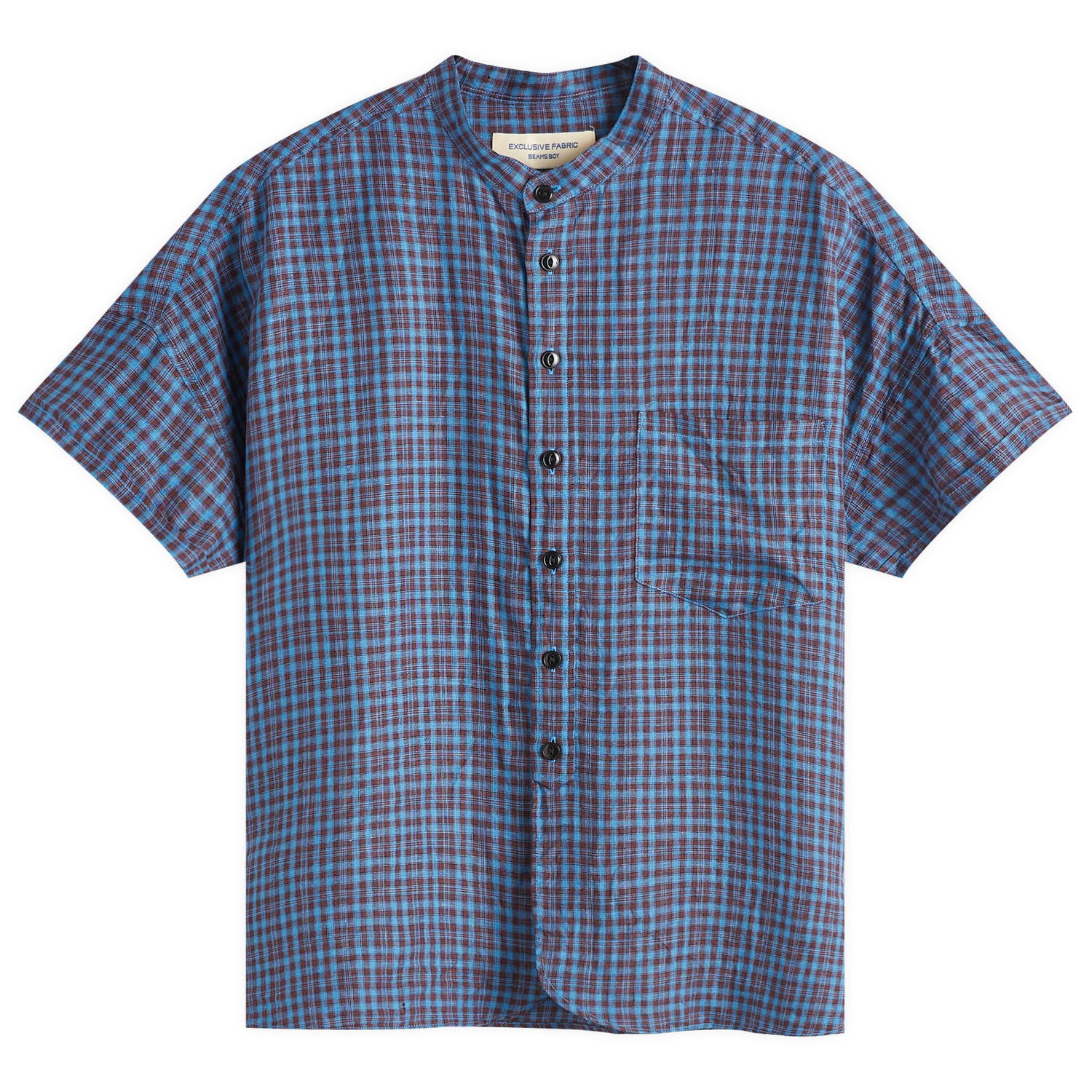 Košeľa BEAMS Beams Boy Linen Check Short Sleeve Shirt Modrá | 13010074803-75, 0