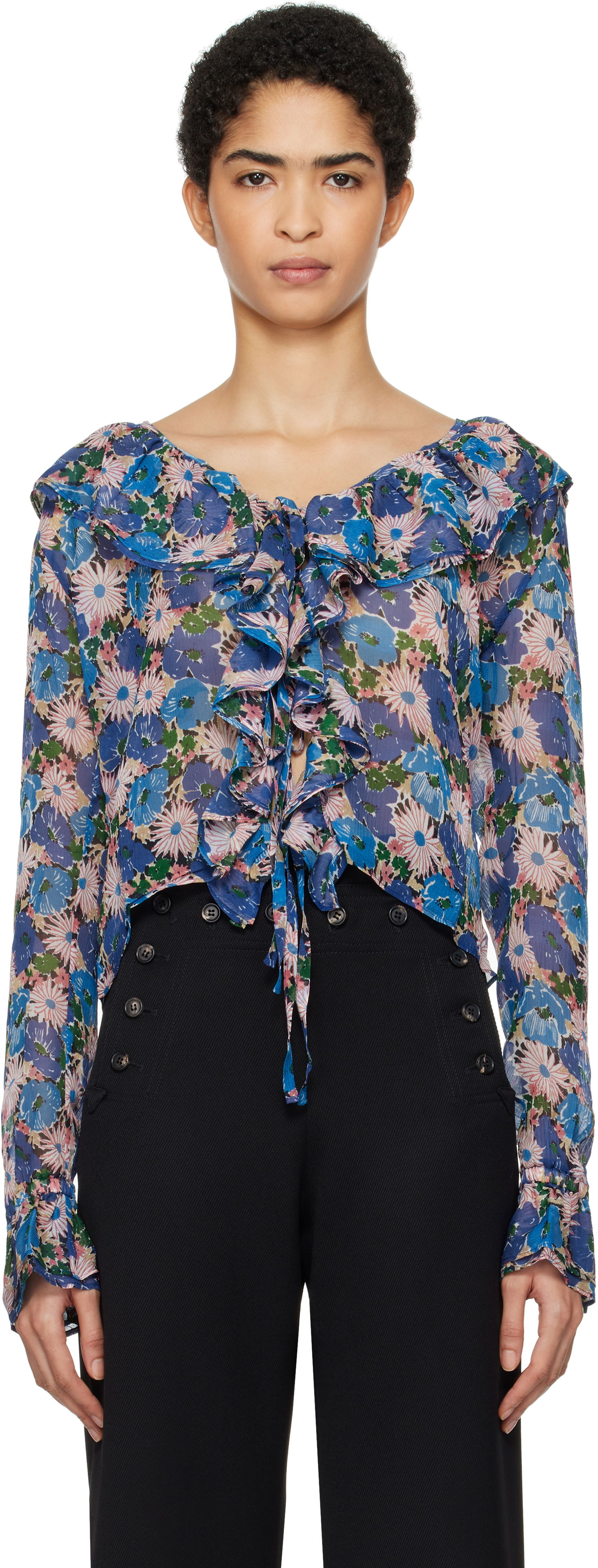 Košeľa Bode Bode Daisy Ruffle Tie-Front Blouse Modrá | WRF24SH042, 0