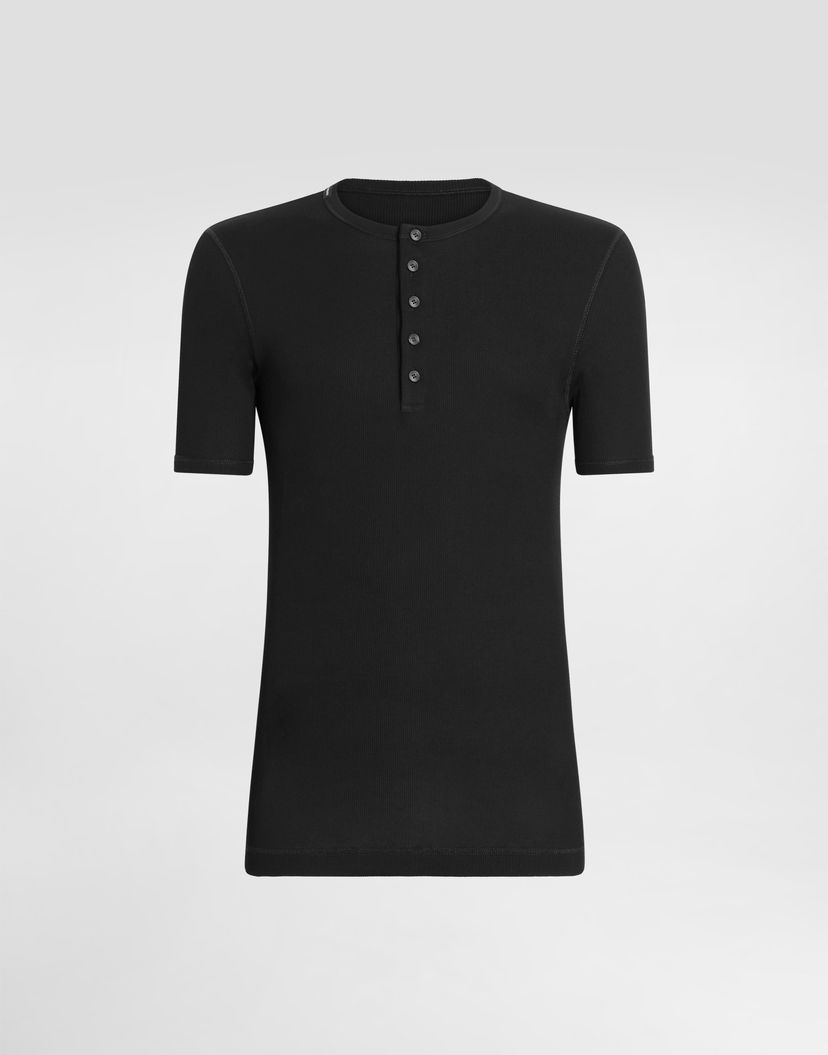 Tričko Dolce & Gabbana Ribbed Cotton Short-Sleeve Henley T-Shirt 50 Čierna | G8QX6TFU7AVN0000